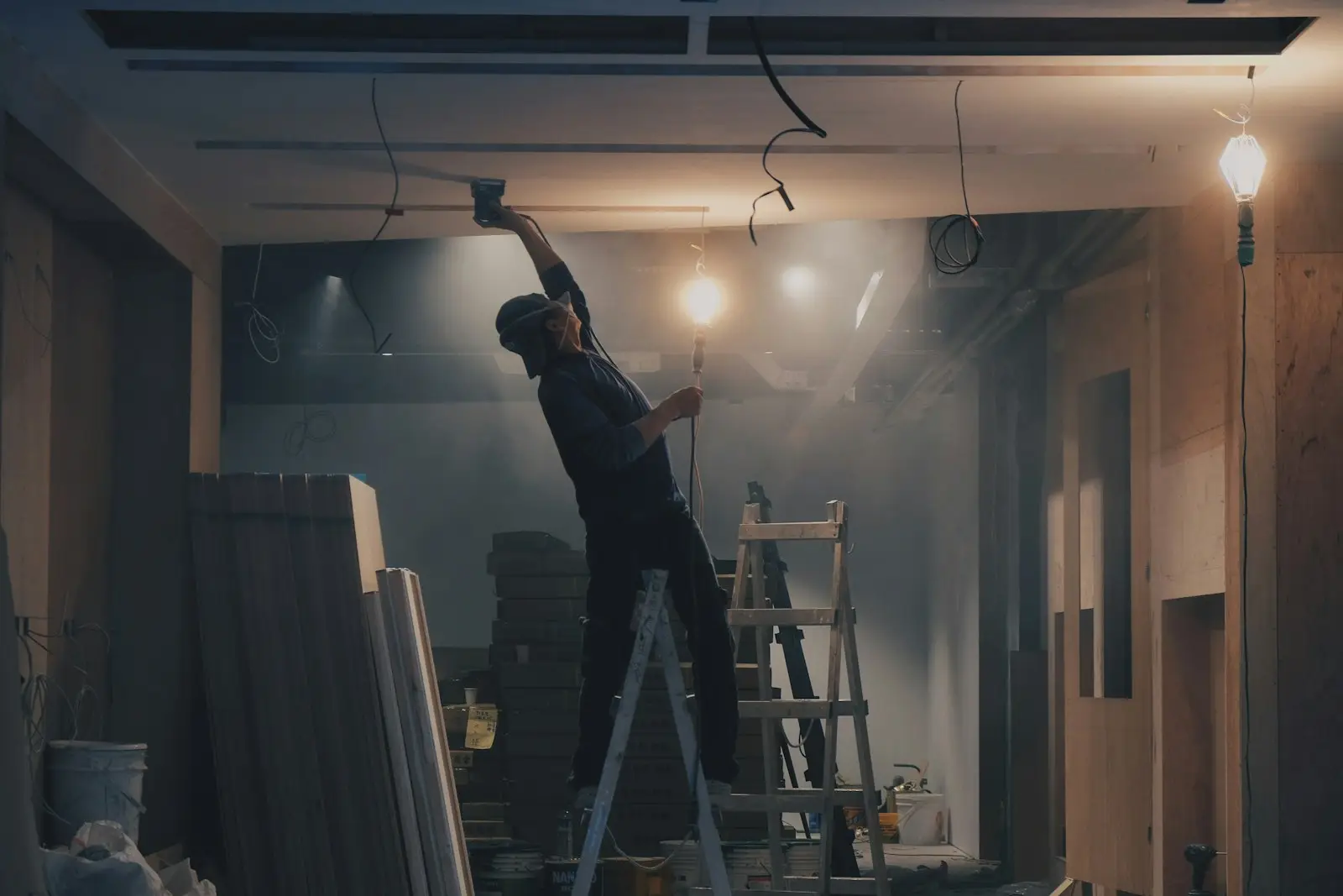 A plasterer working on a ceiling from a ladder